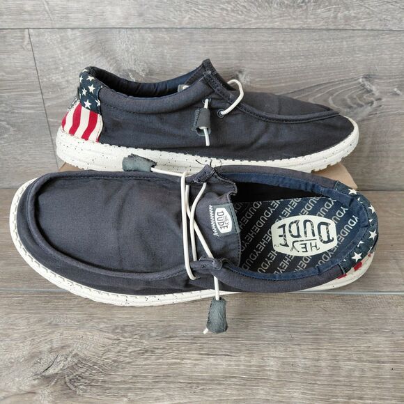 Hey Dude Shoes Mens 14 Blue Wally American Canvas Slip On Loafers Stars Stripes - Picture 1 of 13